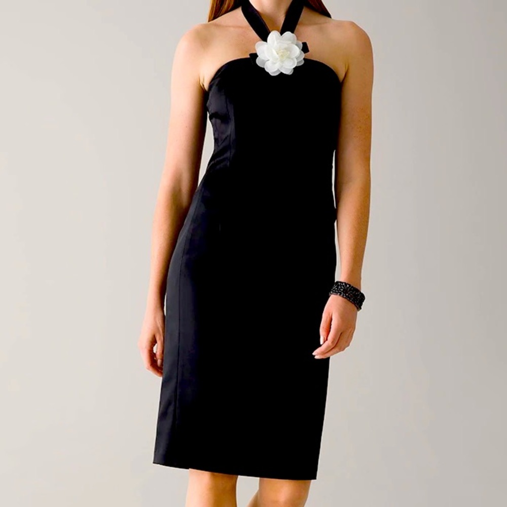 White House Black Market Black Strapless Halter Dress with White Flower Accent